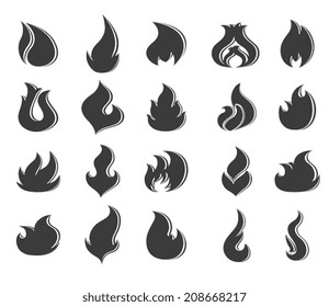 Fire flames, set on white background