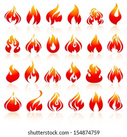 Fire flames, set orange icons with reflection. Vector illustration