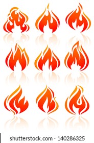 Fire flames, set red icons, vector illustration