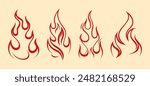 Fire flames, set vector icons Fire and flames outline icon set. Contour bonfire, linear flaming elements. Hand drawn monochrome different fire flame vector illustration. vector fire flame set isolated