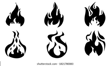 Fire flames, set vector icons. Flames icons. Flame silhouettes. Black firing icons, warning symbols isolated on white. Burning vector emblems.