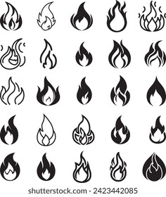 Fire flames, set vector icons on white background