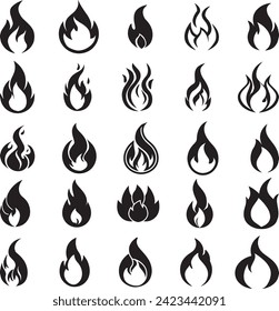 Fire flames, set vector icons on white background