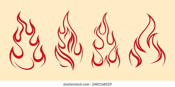 Fire flames, set vector icons Fire and flames outline icon set. Contour bonfire, linear flaming elements. Hand drawn monochrome different fire flame vector illustration. vector fire flame set isolated