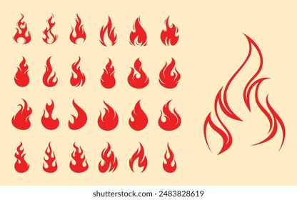 Fire flames, set vector icons Fire and flames outline icon set. Contour bonfire, linear flaming elements. Hand drawn monochrome different fire flame vector illustration.