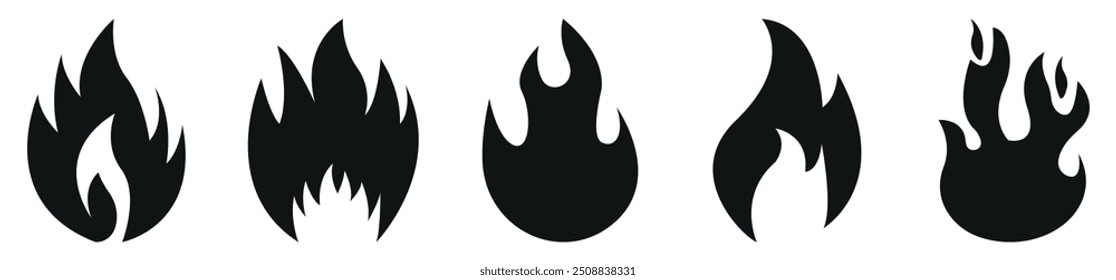 Fire flames set vector icons. Fire flame symbol collection. Hot fire, spicy food or flame heat symbol.