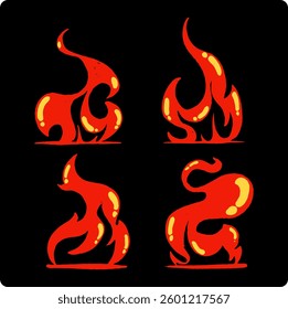 Fire flames, set vector icons Fire and flames outline icon set. Contour bonfire, linear flaming elements With charcoal or pencil drawn illustration