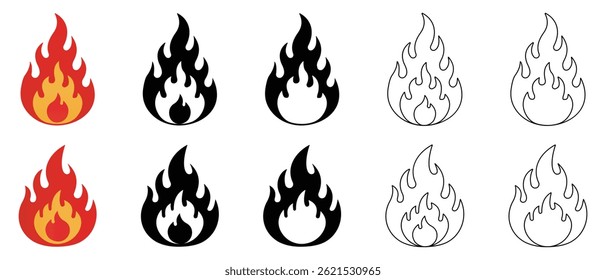 Fire flames, set vector icons, fire vector, icons. Fire icon on a white background,  fire symbol, vector illustration.