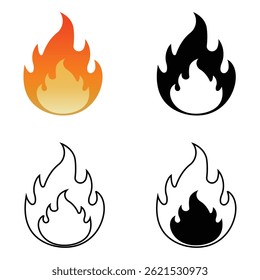 Fire flames, set vector icons, fire vector, icons. Fire icon on a white background,  fire symbol, vector illustration.