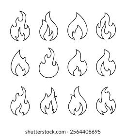 Fire flames, set of vector line icons. fire flames isolated on white background.