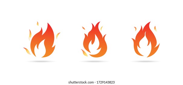 Fire flames with shadow on white background, vector illustration, isolated.