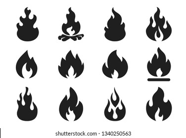 Fire flames silhouette. Flaming campfire, hot inferno flame shape. Simple flames fireball, ignite burning bonfire silhouette or flaming logo. Vector illustration isolated icons set