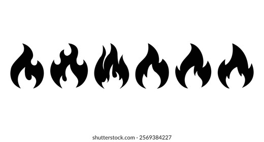 Fire flames silhouette icon set. Flame design of different shapes. Vector illustration of simple fire silhouette on white background. Campfire and Bonfire symbol.