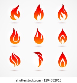 Fire Flames Silhouettes. Different Fire Icons with Shadow Effect