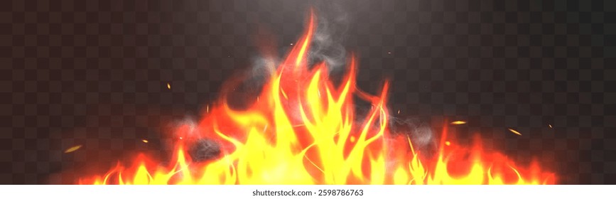 Fire flames with smoke, burning heat, glowing blaze, transparent background, hot energy, realistic fire, light effect.