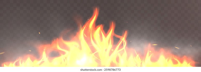 Fire flames with smoke, burning heat, glowing blaze, transparent background, hot energy, realistic fire, light effect.