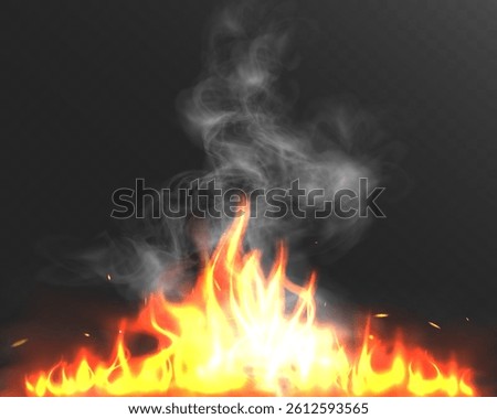 Fire flames with smoke, burning heat, glowing blaze, transparent background, hot energy, realistic fire, light effect.	