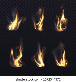 Fire flames with smoke, vector realistic icons