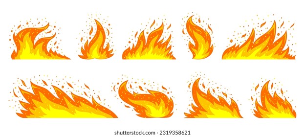 Fire flames with sparks big set. Bright fireball, red heat wildfire, fiery bonfire, blaze campfire, ignition flat cartoon elements on white background. Orange flaming symbols. Energy power of fires