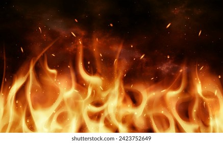 Fire flames and sparks with horizontal repetition on dark background. Bright flames rising and moving at dark night. Hell bonfire fiery. Abstract fire flames background with copy space. Vector EPS10.