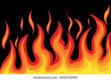 Fire flames various shapes flat line on black background. Fire icons, flammable symbols ideas. Red fiery flames, hot blaze, fireball power light, flame bonfire energy, wildfire, burning fire ignition