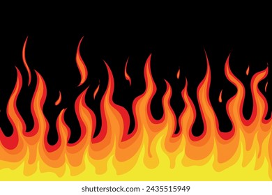 Fire flames various shapes flat line on black background. Fire icons, flammable symbols ideas. Red fiery flames, hot blaze, fireball power light, flame bonfire energy, wildfire, burning fire ignition