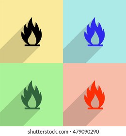 Fire flames vector icon - colored set with long  shadow