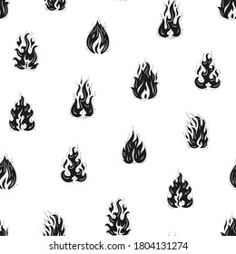 Fire Flames Vector Seamless Pattern. Black and White Background