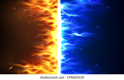 fire flames Versus VS sign exploding by elements, water splashes and lightning Burning red hot sparks realistic abstract background