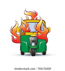 fire flaming tuk tuk or trishaw in color-vector drawing