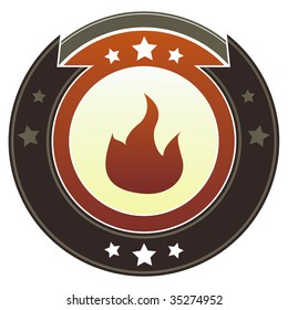 Fire, flammable or camping icon on round red and brown imperial vector button with star accents suitable for use on website, in print and promotional materials, and for advertising.