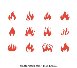 Fire flat glyph icons. Flame shapes silhouette, bonfire vector illustration, flammable warning sign, red color.