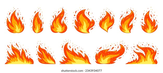 Fire flat icon set. Blaze danger warning symbol. Different shapes of abstract orange campfire fiery flame with sparks isolated on white background. Red hot bonfire flaming fuel power energy clipart