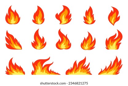 Fire flat icon set. Blaze danger warning symbol. Different shapes of abstract orange campfire fiery flame isolated on white background. Red hot bonfire flaming fuel power energy clipart collection