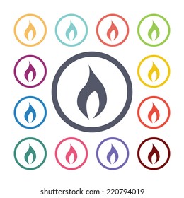 fire flat icons set. Open round colorful buttons. Vector 