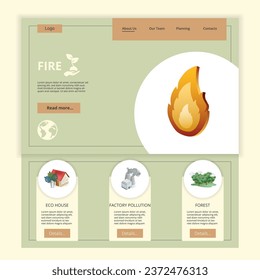 Fire flat landing page website template. Eco house, factory pollution, forest. Web banner with header, content and footer. Vector illustration.
