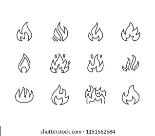 Fire flat line icons. Flame shapes silhouette, bonfire vector illustration, flammable warning sign.