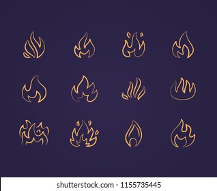 Fire flat line icons. Flame shapes silhouette, bonfire vector illustration, flammable warning sign.