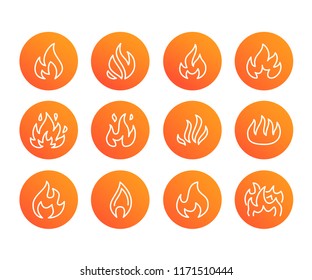 Fire flat line icons. Flame shapes silhouette, bonfire vector illustration, flammable warning sign.