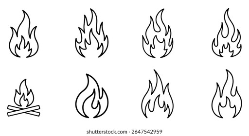 ícones de linha plana fogo, chamas, chama de várias formas, ilustração vetor de fogueira