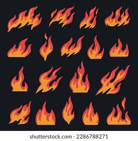 Fire flat set emblems colorful with flames of different shapes for design or collage with glowing elements vector illustration