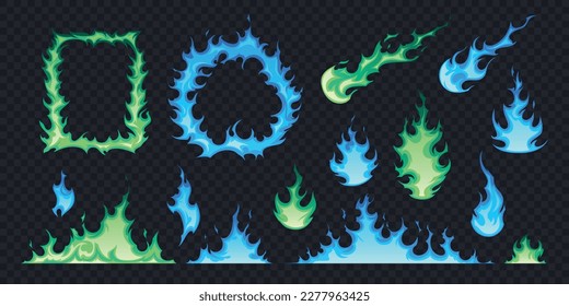 Fire flat set with green and blue flames of different shape isolated on transparent background vector illustration