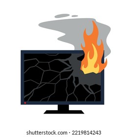 Fire Flat Television. Burning Broken Modern TV. Black Screen. Repair And Warranty Of Electronic Equipment And Monitor. Short Circuit