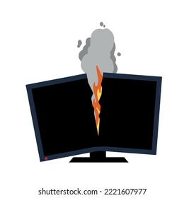 Fire Flat Television. Burning Broken Modern TV. Black Screen. Repair And Warranty Of Electronic Equipment And Monitor. Short Circuit