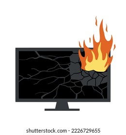 Fire Flat television. Burning Broken Modern TV. Black screen. Repair and warranty of Electronic equipment and monitor. Short circuit