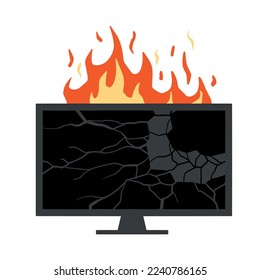 Fire Flat television. Burning Broken Modern TV. Repair and warranty of Electronic equipment and monitor. Short circuit. Black screen