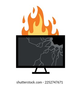 Fire Flat television. Burning Broken Modern TV. Black screen. Repair and warranty of Electronic equipment and monitor. Short circuit
