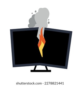 Fire Flat television. Burning Broken Modern TV. Repair and warranty of Electronic equipment and monitor. Short circuit. Black screen