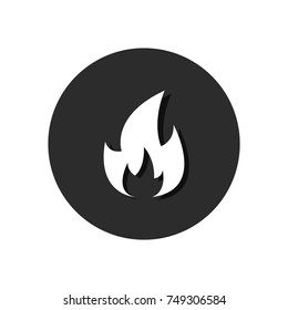Fire flat white icon in black circle background. Vector flame illustration.