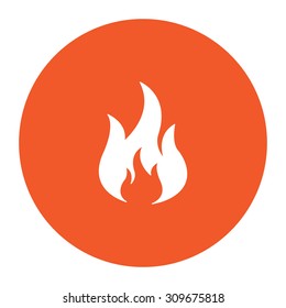 Fire. Flat white symbol in the orange circle. Vector illustration icon